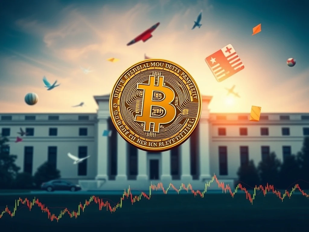Bitcoin price analysis showing technical charts with Federal Reserve building and macroeconomic indicators