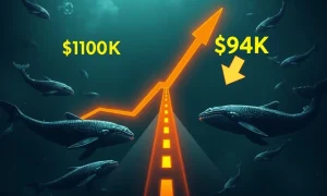 Bitcoin price prediction chart showing critical $150K and $94K price targets with institutional whale activity