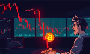 Bitcoin price chart showing sharp decline with analysis indicators during market volatility