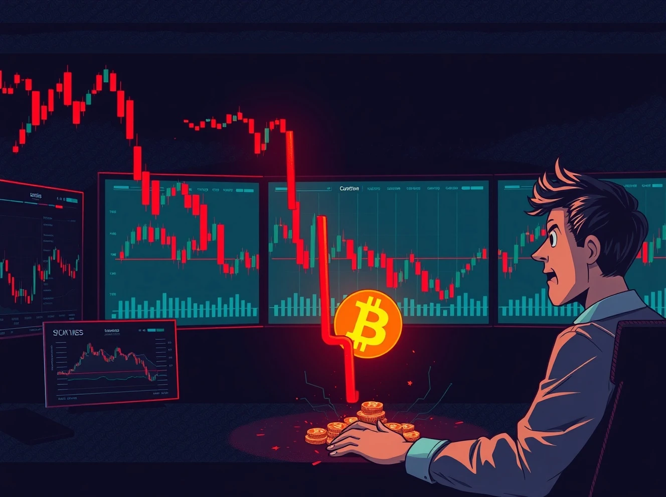 Bitcoin price chart showing sharp decline with analysis indicators during market volatility