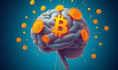 Bitcoin psychological barriers illustrated through brain and blockchain integration concept