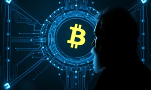 Satoshi Nakamoto facing quantum threat to Bitcoin security with futuristic technology background