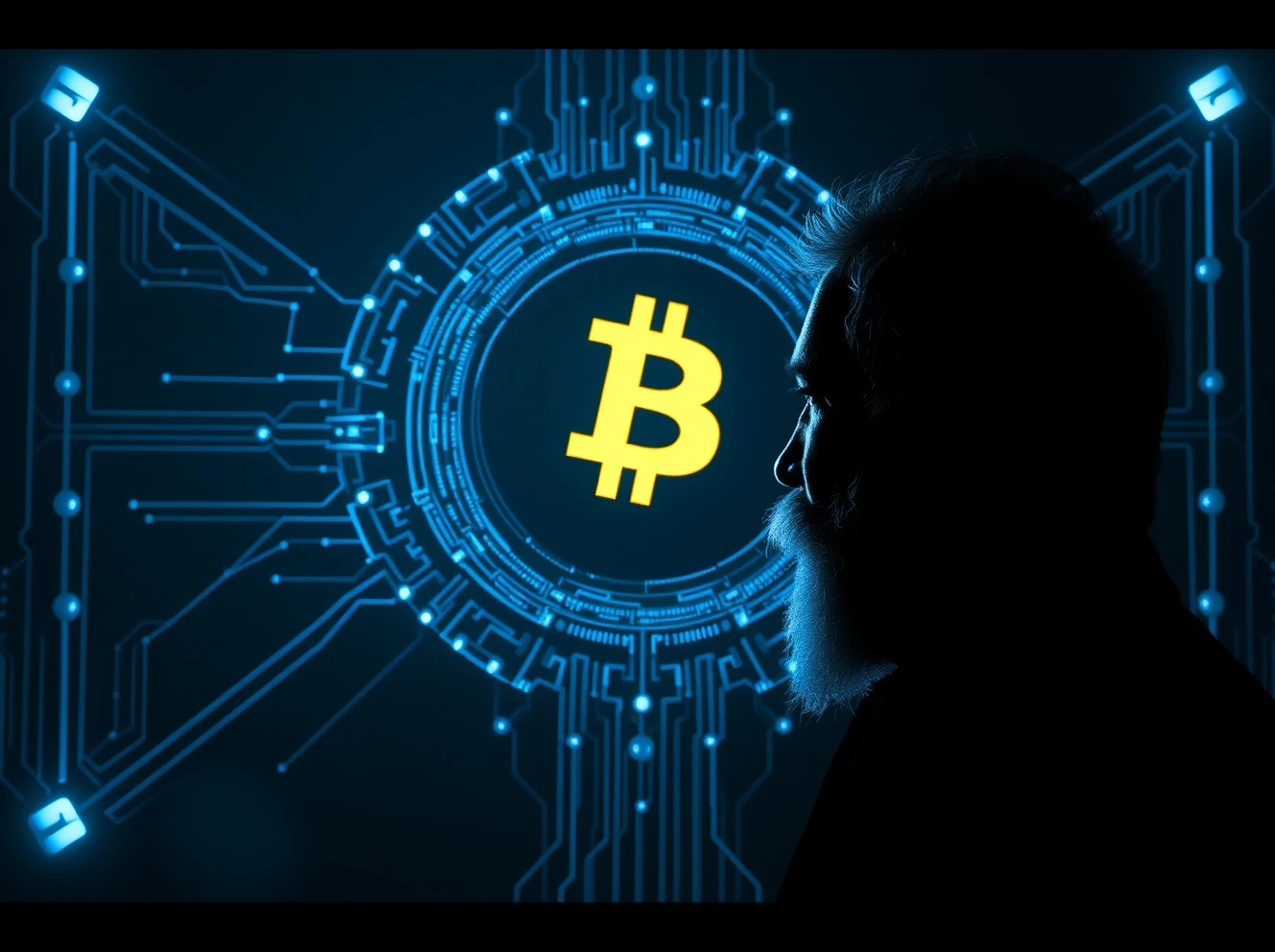 Satoshi Nakamoto facing quantum threat to Bitcoin security with futuristic technology background