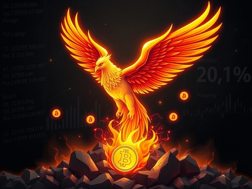 Bitcoin resilience symbolized by phoenix rising from digital financial ashes