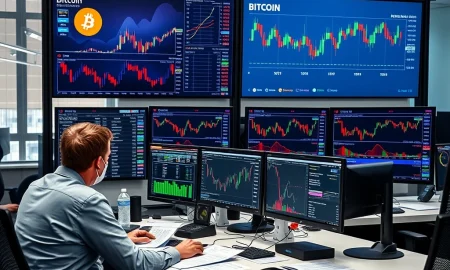 Professional Bitcoin trading analysis on regulated exchange platforms with institutional investors monitoring compliance frameworks