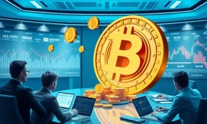 Corporate Bitcoin treasury strategy showing digital coins flowing into company vault