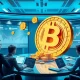 Corporate Bitcoin treasury strategy showing digital coins flowing into company vault