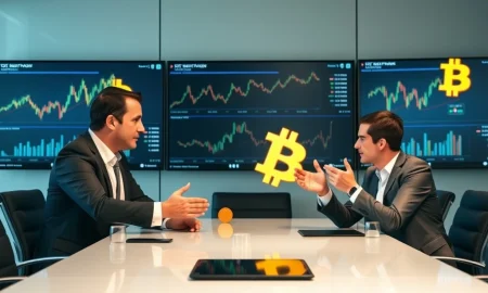 Business experts discussing Bitcoin treasury company strategy with digital charts
