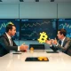 Business experts discussing Bitcoin treasury company strategy with digital charts