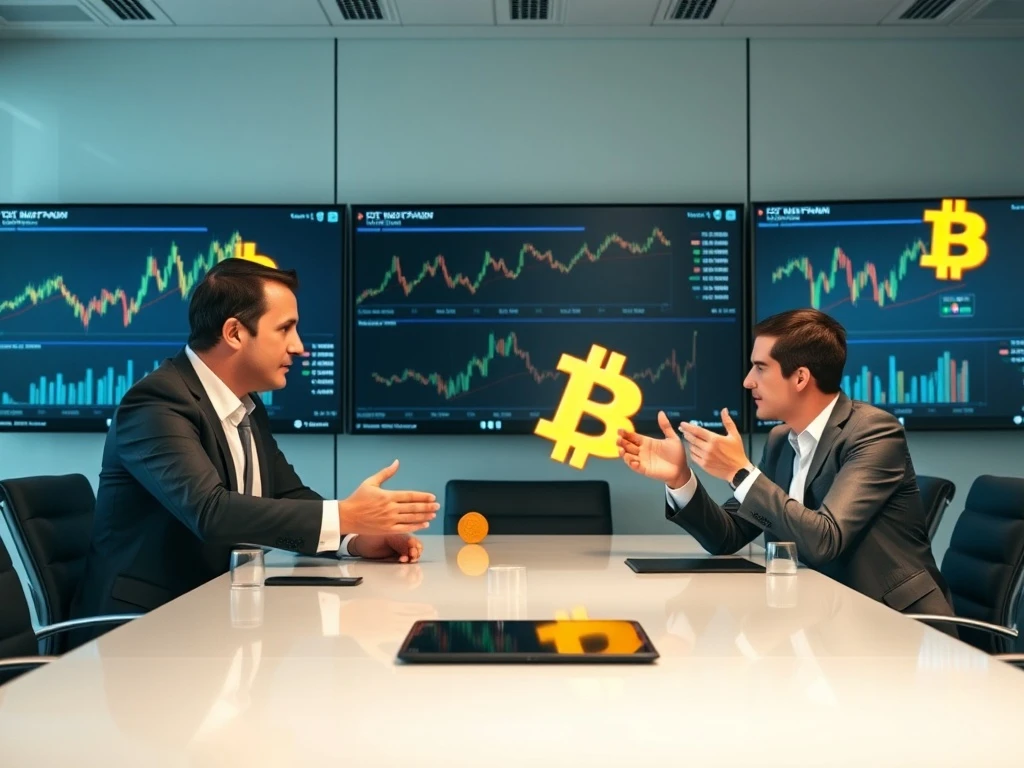 Business experts discussing Bitcoin treasury company strategy with digital charts