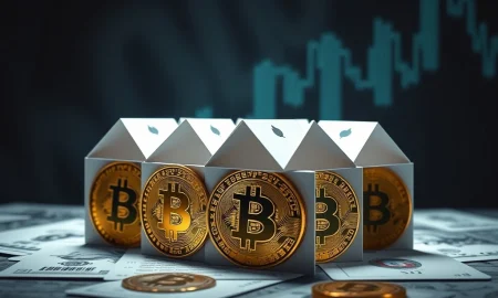 Bitcoin treasury risk illustrated through interconnected coins forming fragile financial structures