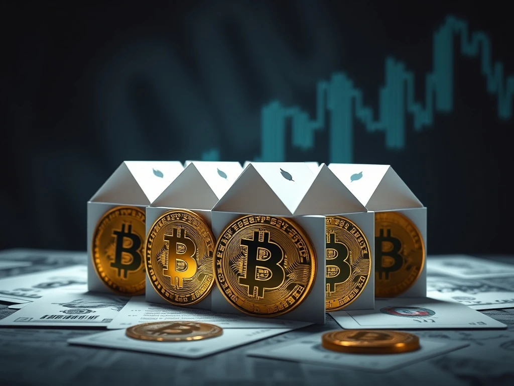 Bitcoin treasury risk illustrated through interconnected coins forming fragile financial structures