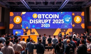 Bitcoin World Disrupt 2025 conference stage with tech leaders discussing startup scaling strategies