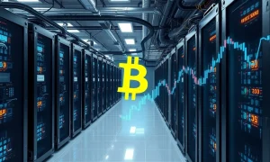 Bitcoin mining facility showing advanced immersion cooling technology and energy infrastructure
