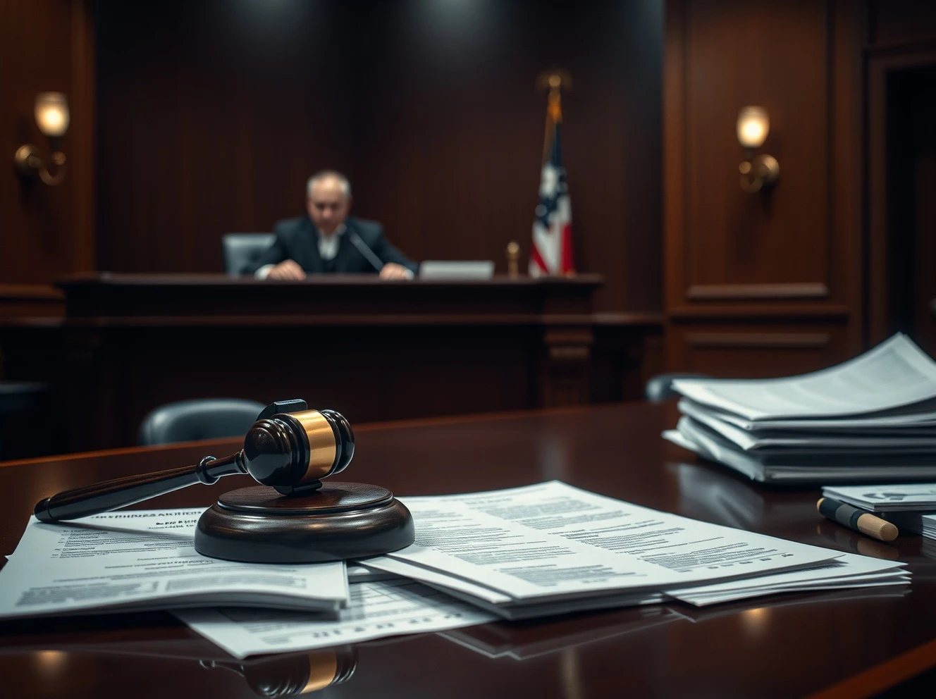 Courtroom scene showing consequences of Covid loan fraud with legal documents and judge's gavel
