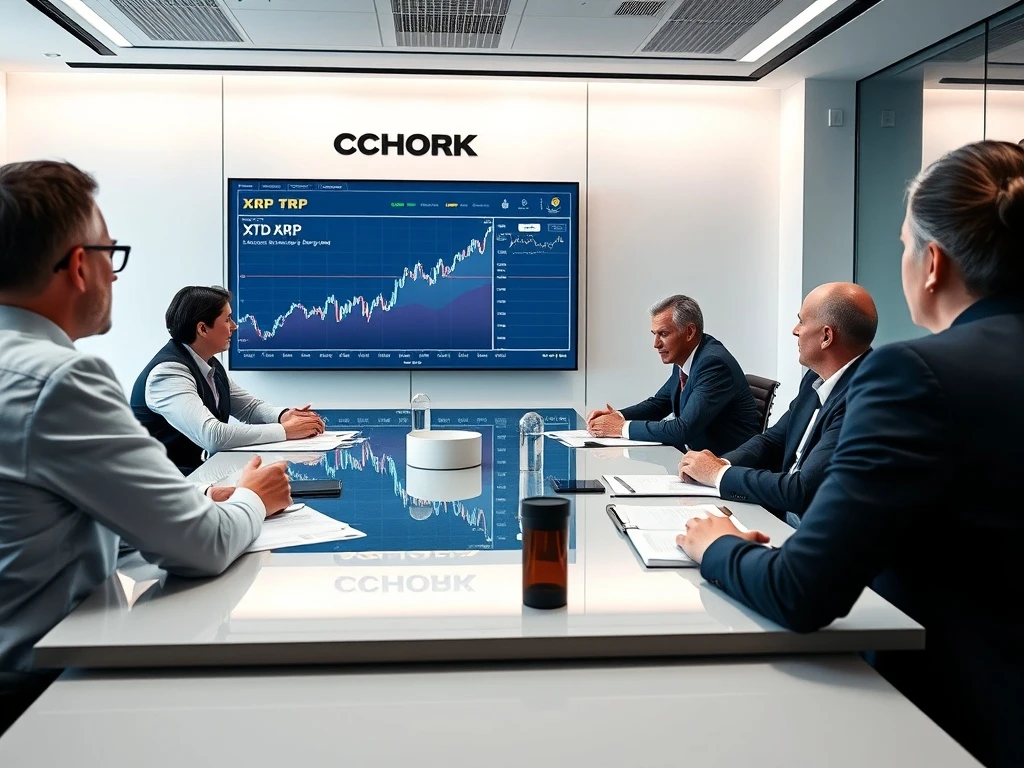 BlackRock executives analyzing XRP ETF investment strategy with market data charts