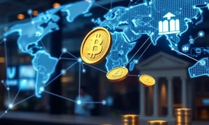 Blockchain automation transforming financial transactions between global banking institutions with digital currency flow