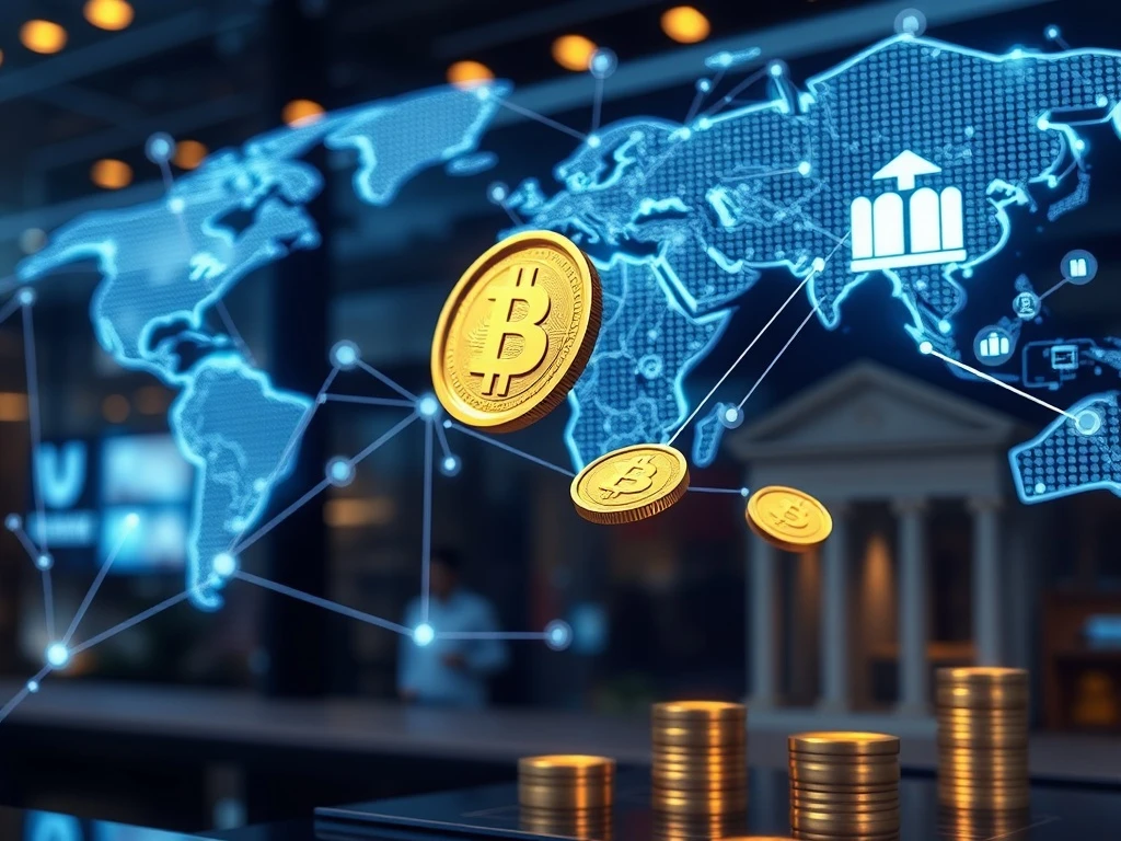 Blockchain automation transforming financial transactions between global banking institutions with digital currency flow