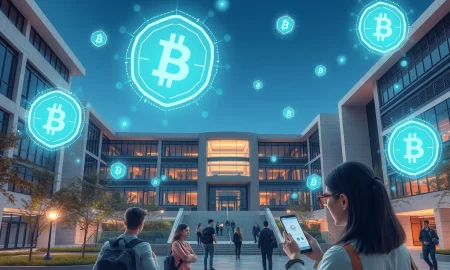 Blockchain education transformation showing digital credentials and crypto payments in modern academic setting