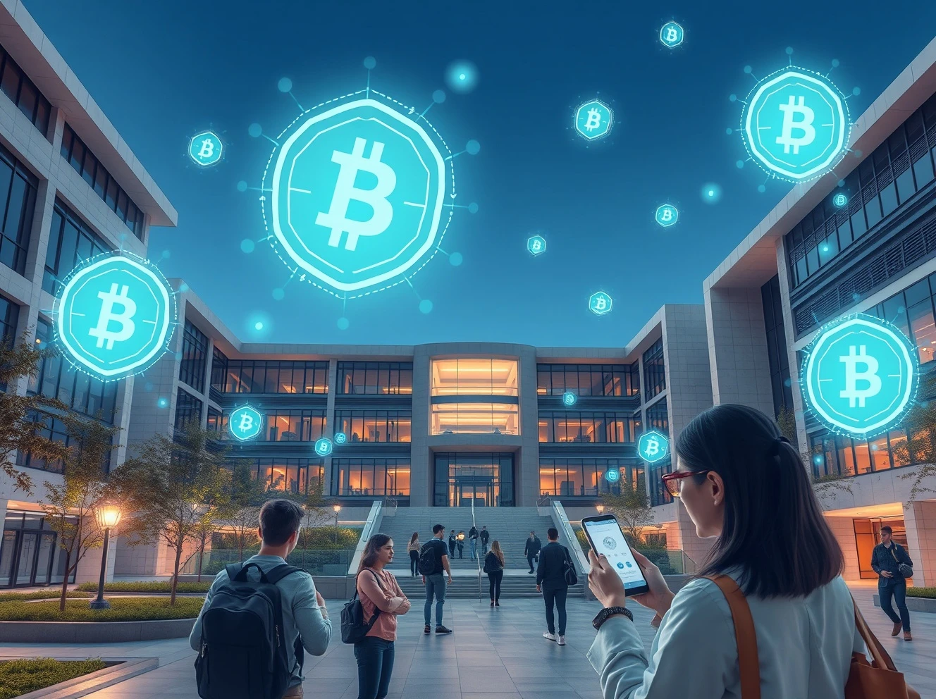 Blockchain education transformation showing digital credentials and crypto payments in modern academic setting
