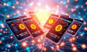 BlockDAG network showing smartphones mining cryptocurrency with blockchain connections