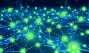 BlockDAG network visualization showing scalable blockchain technology with energy-efficient nodes