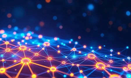 BlockDAG network visualization showing hybrid DAG+PoW architecture with cryptocurrency transactions flowing through interconnected nodes