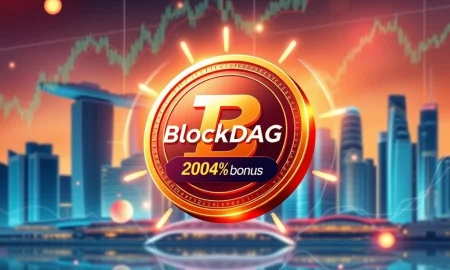 BlockDAG cryptocurrency token showcasing 2049% bonus success at Token2049 conference