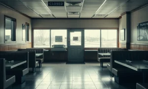 Breakfast chain closures affecting popular restaurants with empty dining rooms and closed signs