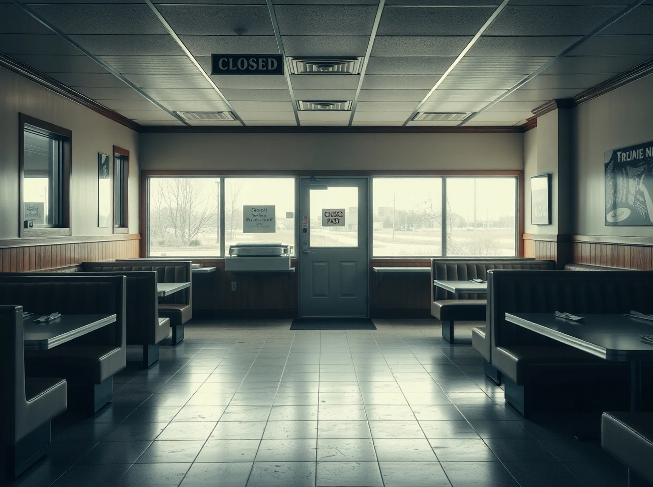 Breakfast chain closures affecting popular restaurants with empty dining rooms and closed signs