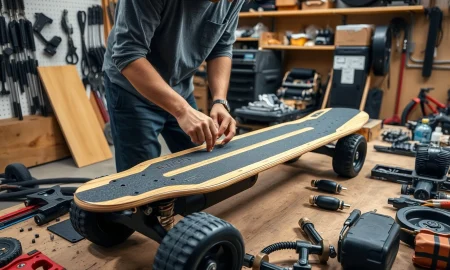 A person proudly riding their custom-built electric skateboard, showcasing the freedom and achievement of a DIY project.
