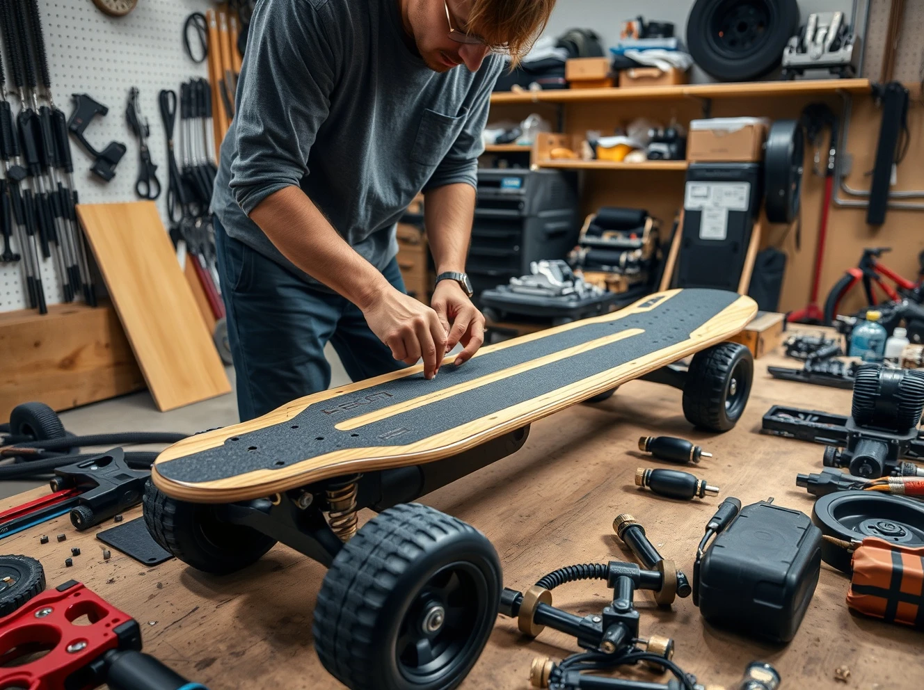 A person proudly riding their custom-built electric skateboard, showcasing the freedom and achievement of a DIY project.