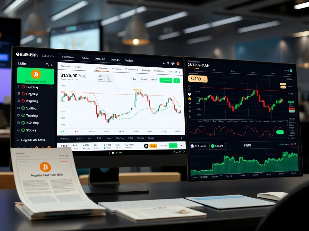 Bullish BLSH cryptocurrency exchange dashboard showing trading analytics and regulatory challenges