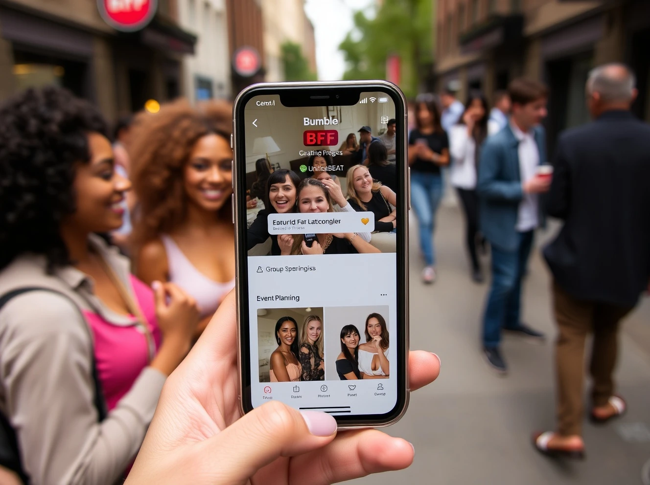 Bumble BFF app interface showing group chat and event planning features for social connections