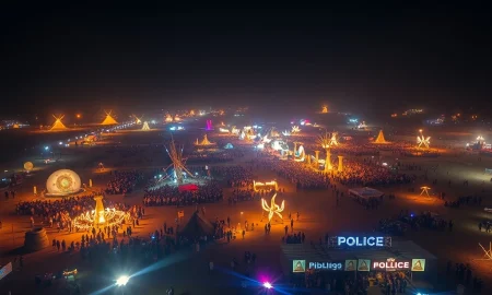 Burning Man homicide investigation scene with police lights at desert festival