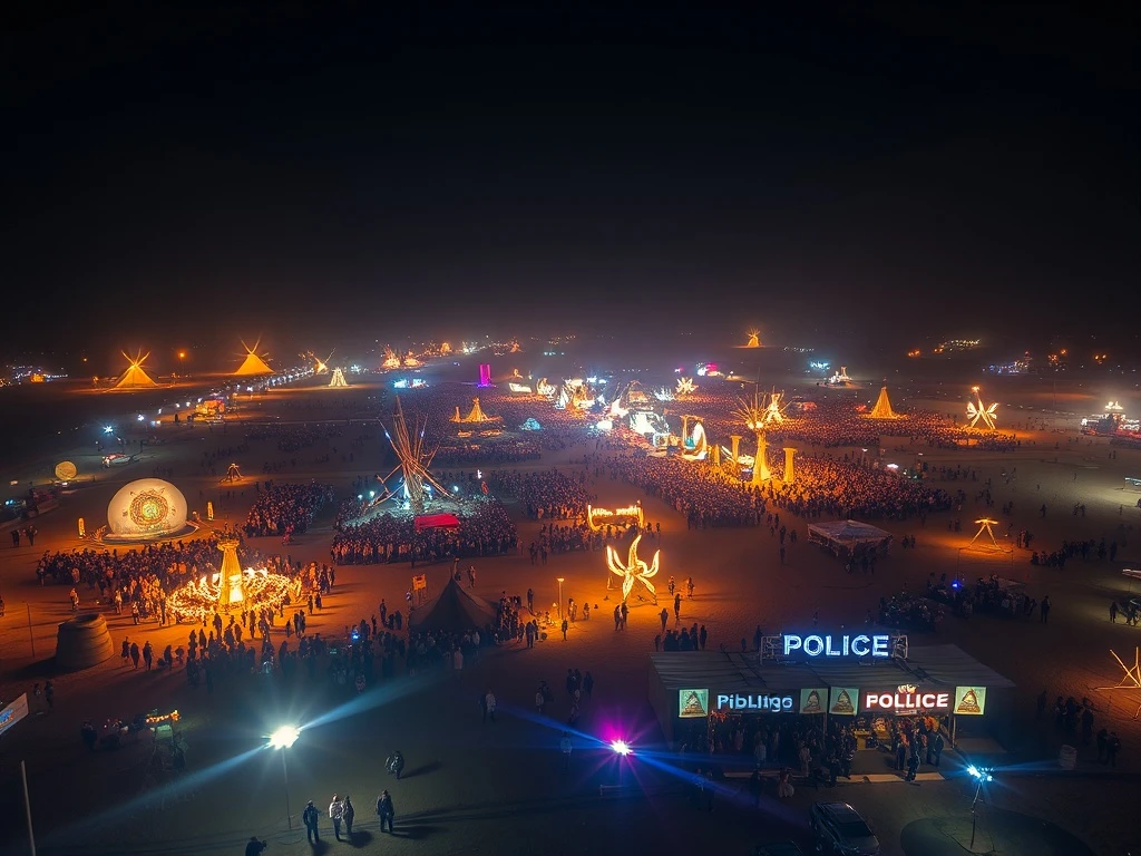 Burning Man homicide investigation scene with police lights at desert festival