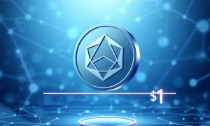 Cardano ADA cryptocurrency battling the $1 resistance level with blockchain technology background