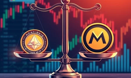 DeFi contender comparison between Cardano ADA and Mutuum Finance MUTM tokens on digital scales