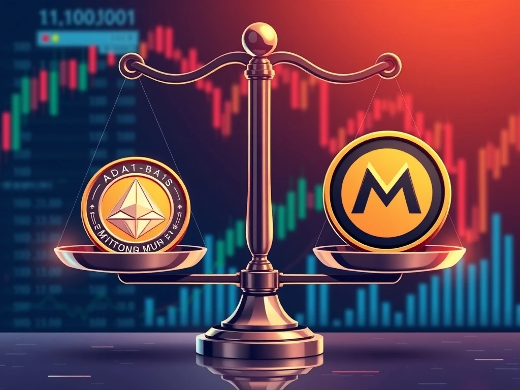 DeFi contender comparison between Cardano ADA and Mutuum Finance MUTM tokens on digital scales