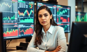 Cathie Wood analyzing AI stock market data and investment portfolio performance