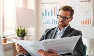 Small business owner analyzing central bank rates impact on financial documents