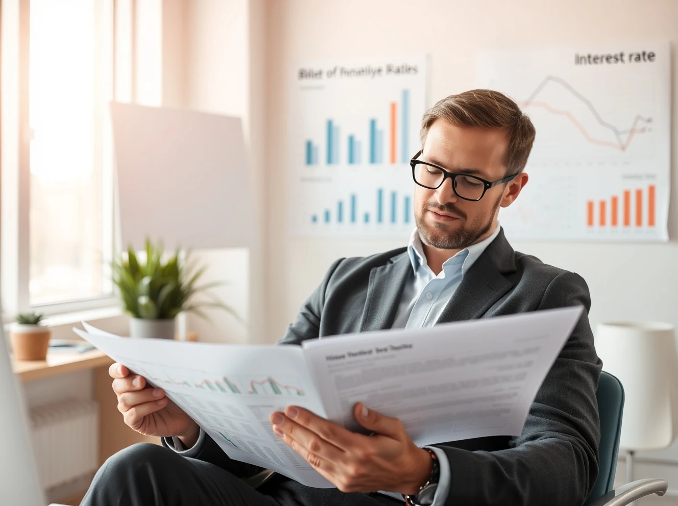 Small business owner analyzing central bank rates impact on financial documents