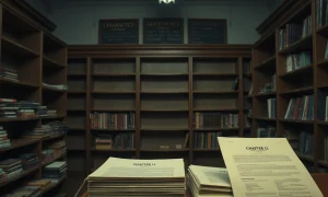 Historic bookstore facing Chapter 11 bankruptcy with empty shelves and legal documents
