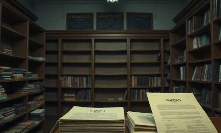 Historic bookstore facing Chapter 11 bankruptcy with empty shelves and legal documents