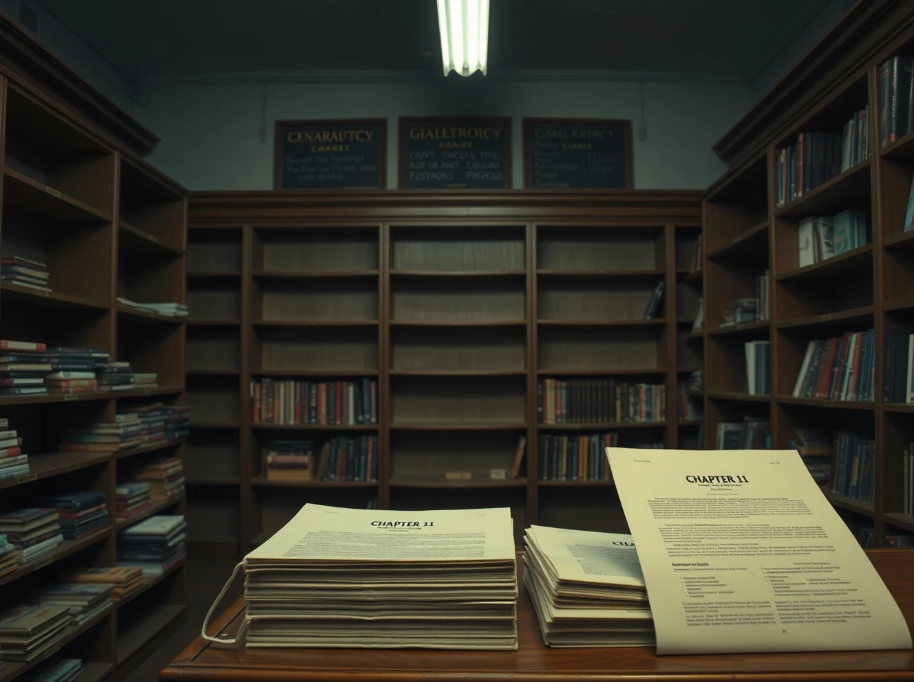 Historic bookstore facing Chapter 11 bankruptcy with empty shelves and legal documents