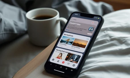 ChatGPT Pulse displaying personalized morning briefs with AI-generated cards on smartphone