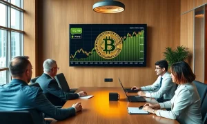Corporate Bitcoin treasury strategy meeting with digital currency charts and financial analysts discussing crypto adoption