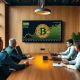 Corporate Bitcoin treasury strategy meeting with digital currency charts and financial analysts discussing crypto adoption