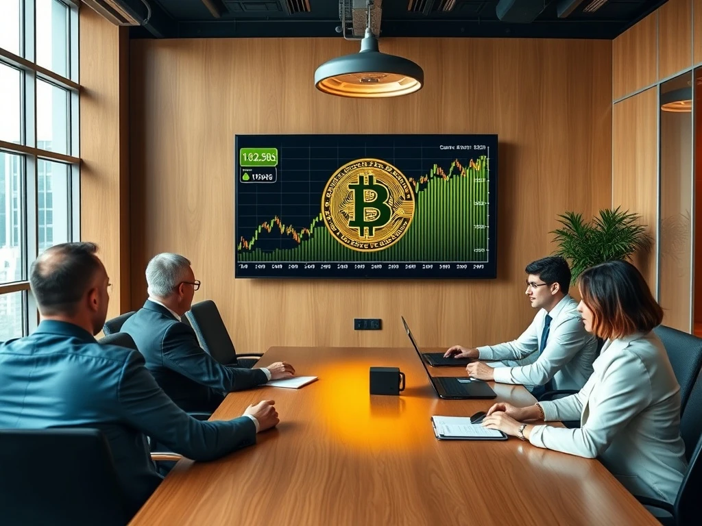 Corporate Bitcoin treasury strategy meeting with digital currency charts and financial analysts discussing crypto adoption