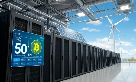 CleanSpark's advanced Bitcoin mining operation with renewable energy infrastructure and efficient mining rigs